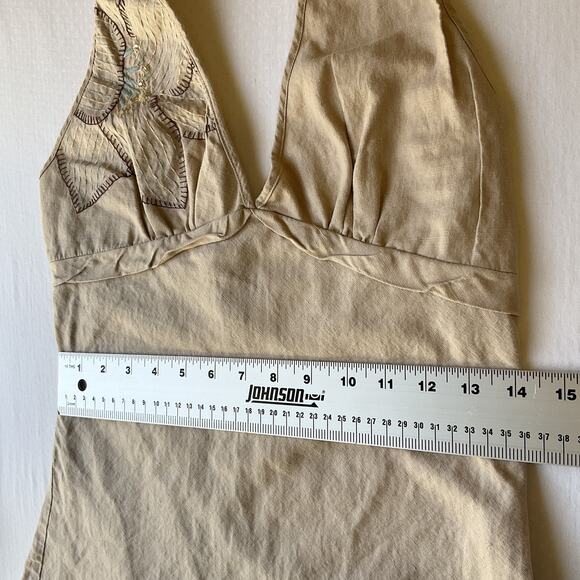 Gadzooks Women Dress M Beige Linen Floral Embroidery Halter A-Line Knee Length - Picture 5 of 11